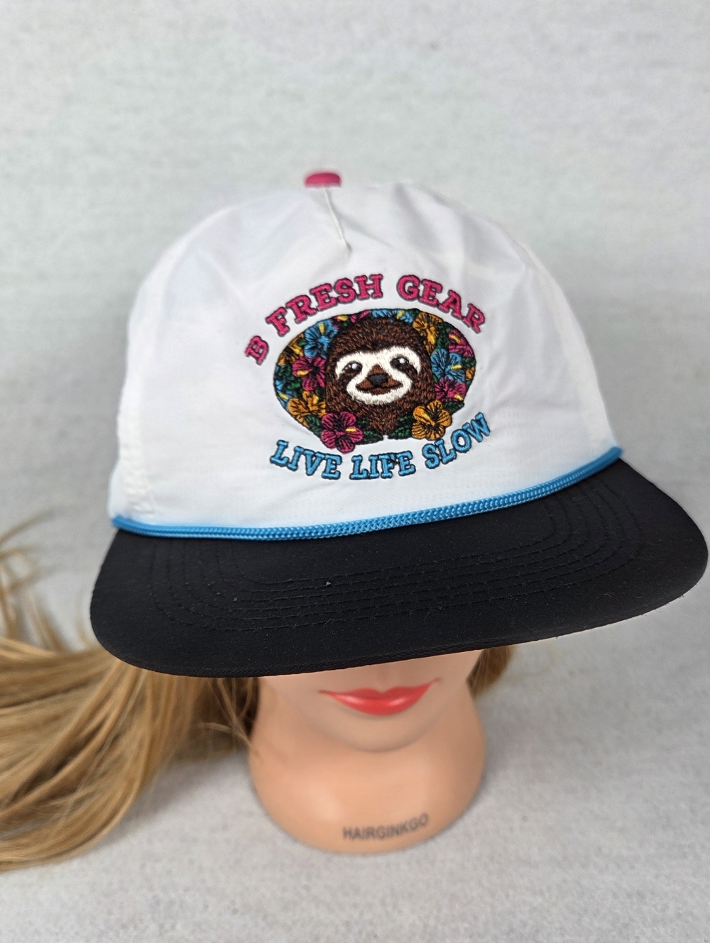 B Fresh Gear "Live Life Slow" Sloth Trucker Hat - White/Black/Pink Embroidered